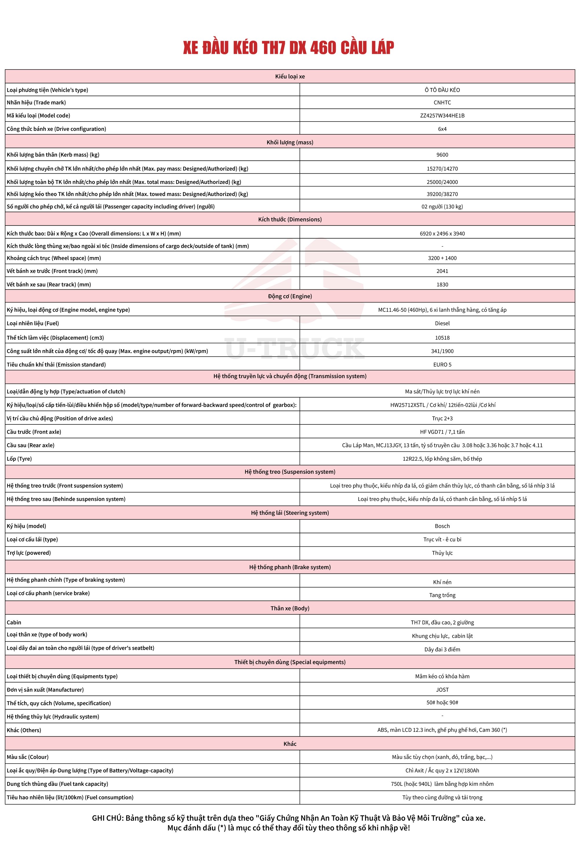 TSKT XE ĐẦU KÉO TH7 DX 460 CẦU LÁP