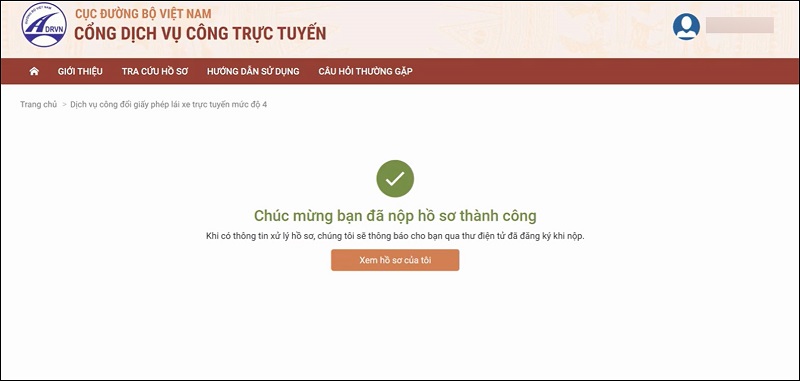 Thông báo nộp hồ sơ thành công