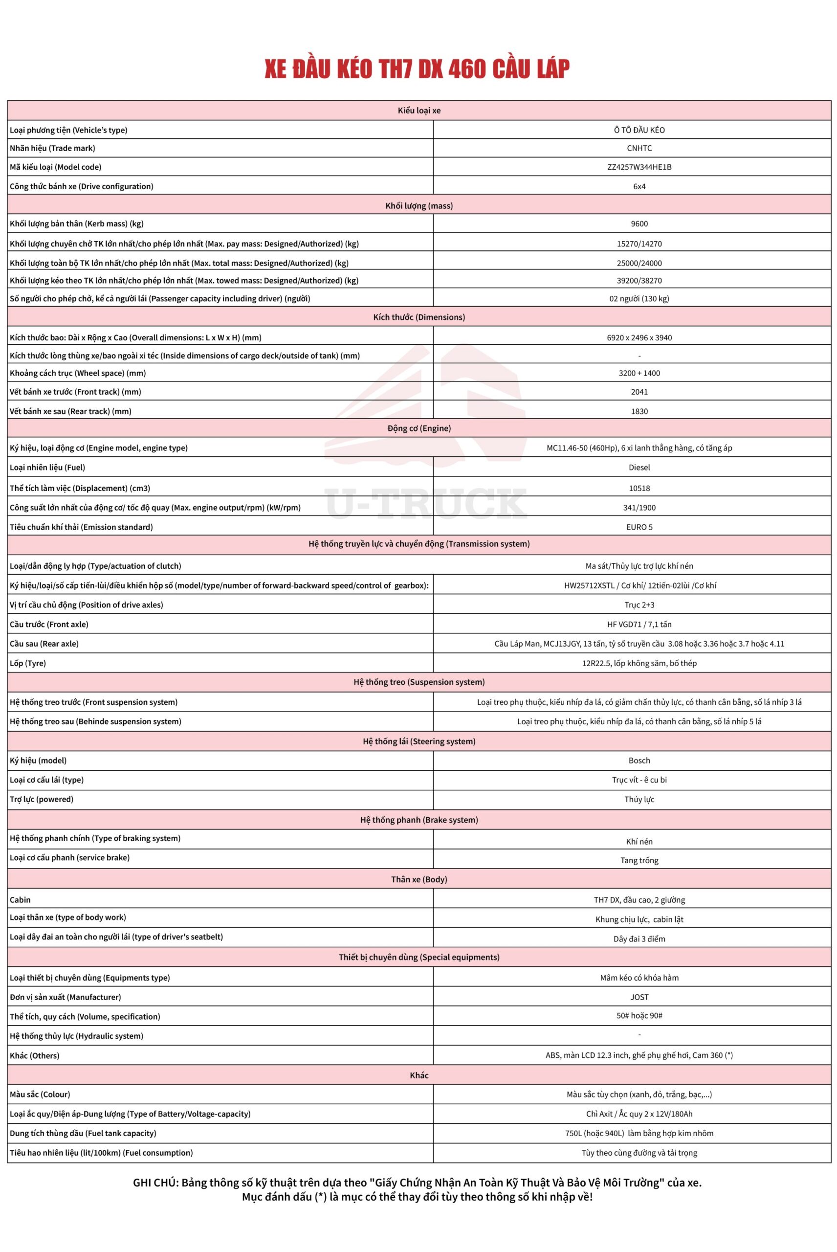 TSKT XE ĐẦU KÉO TH7 DX 460 CẦU LÁP