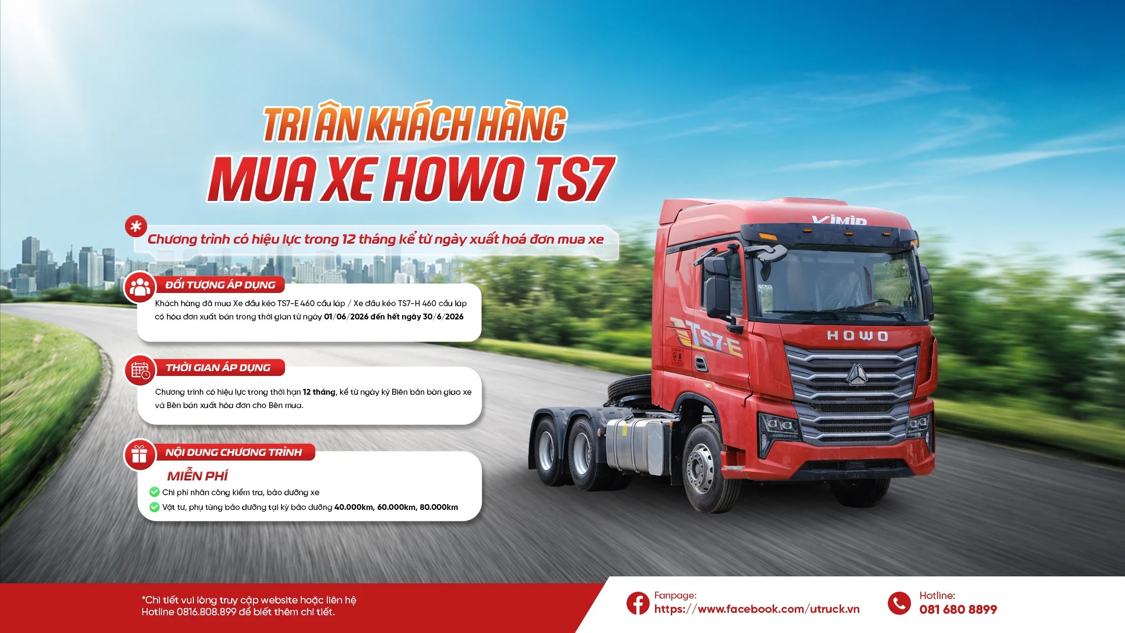 U-TRUCK tri ân khách hàng – Miễn phí 03 kỳ bảo dưỡng tới khách hàng mua Howo TS7
