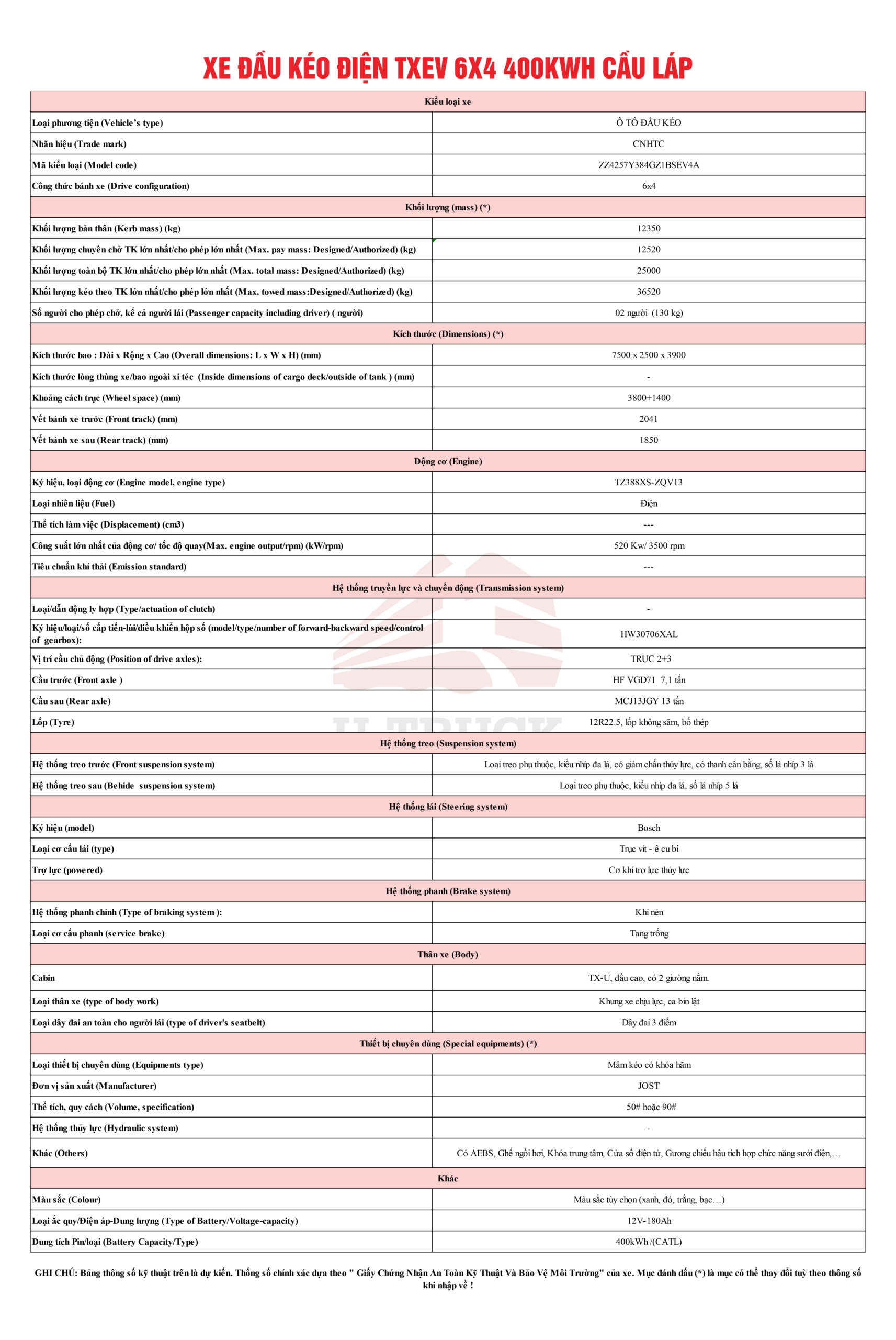 Xe đầu kéo điện HOWO TX EV 6×4 400kWh 